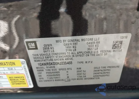 2017 GMC Acadia Limited from USA, damaged, VIN 1GKKRSKD0HJ235468